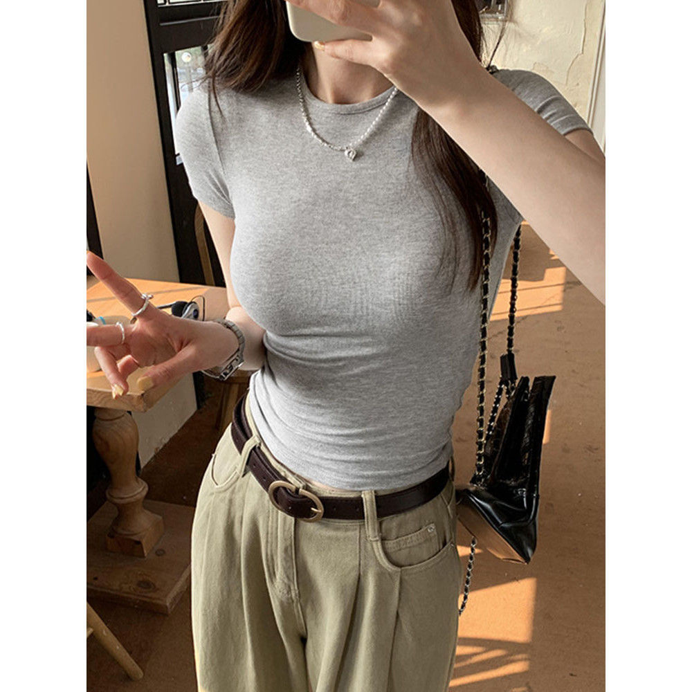 Womens Basic Solid Crop Top Short Sleeve Crewneck Skinny T-Shirt, Y2K Vintage Summer Casual Tee for Harajuku Streetwear