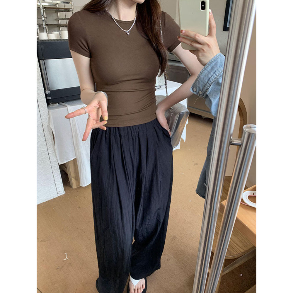 Womens Basic Solid Crop Top Short Sleeve Crewneck Skinny T-Shirt, Y2K Vintage Summer Casual Tee for Harajuku Streetwear