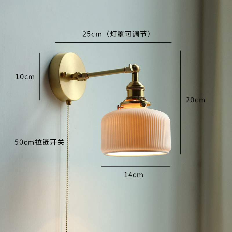 Ceramic Copper Arm Wall Lamp, Beside Pull Chain Switch for Bedroom Bathroom Stair, Japan Style Nordic Modern Wandlamp