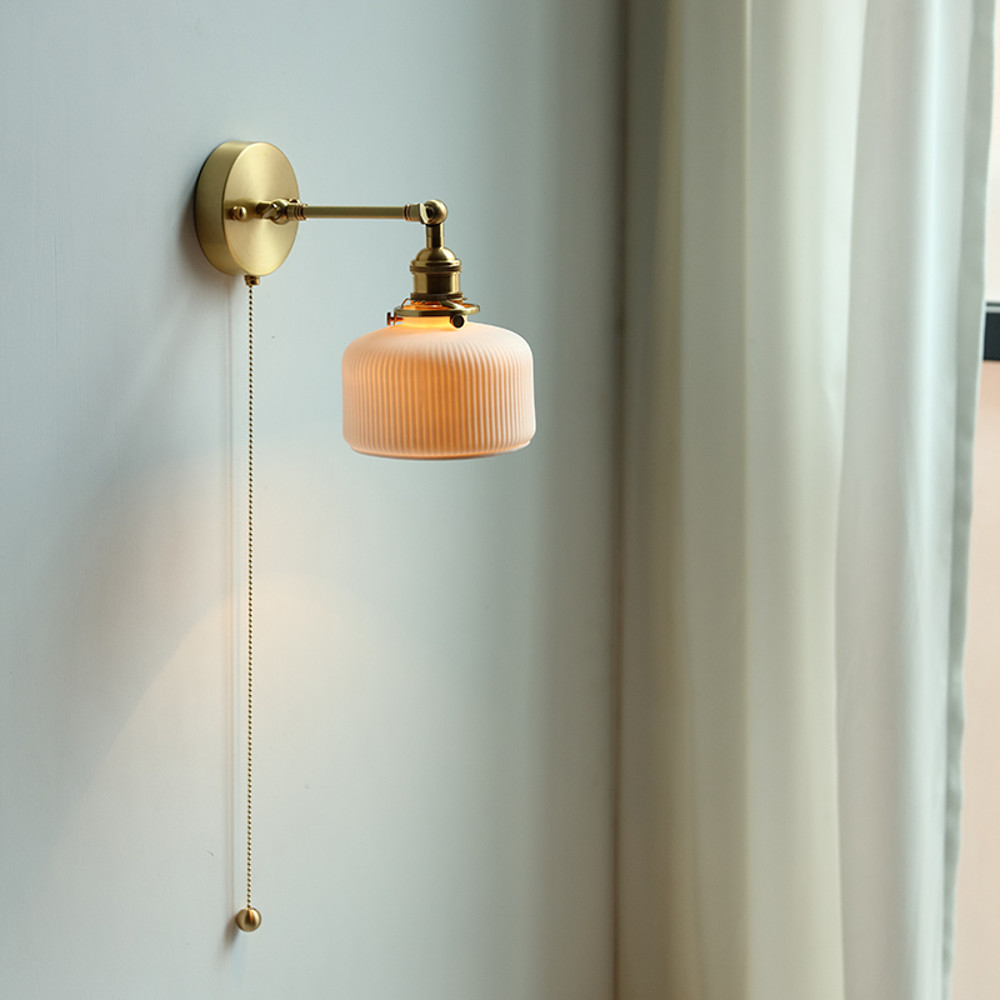 Ceramic Copper Arm Wall Lamp, Beside Pull Chain Switch for Bedroom Bathroom Stair, Japan Style Nordic Modern Wandlamp