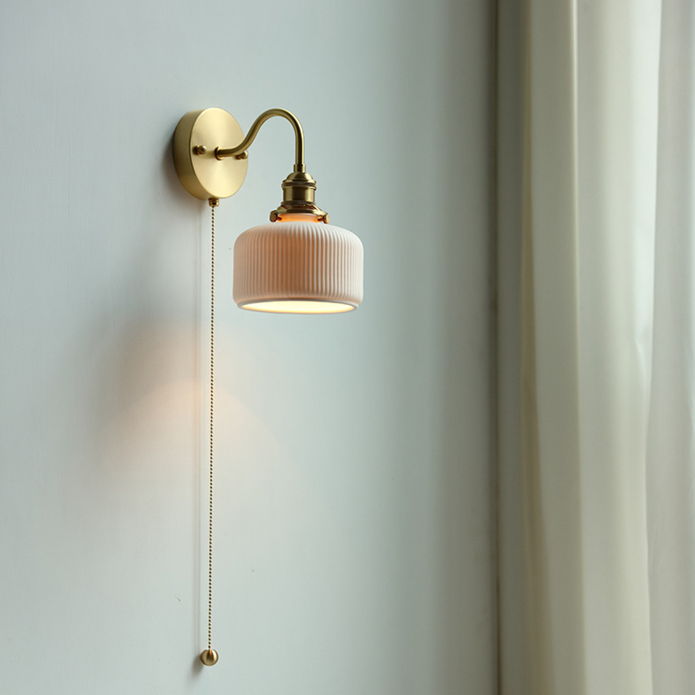 Ceramic Copper Arm Wall Lamp, Beside Pull Chain Switch for Bedroom Bathroom Stair, Japan Style Nordic Modern Wandlamp
