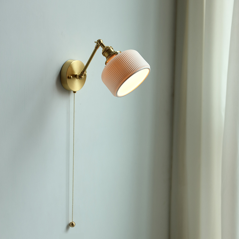 Ceramic Copper Arm Wall Lamp, Beside Pull Chain Switch for Bedroom Bathroom Stair, Japan Style Nordic Modern Wandlamp