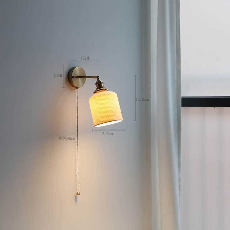 Ceramic Copper Arm Wall Lamp, Beside Pull Chain Switch for Bedroom Bathroom Stair, Japan Style Nordic Modern Wandlamp
