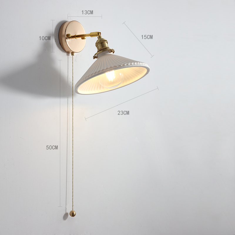 Ceramic Copper Arm Wall Lamp, Beside Pull Chain Switch for Bedroom Bathroom Stair, Japan Style Nordic Modern Wandlamp