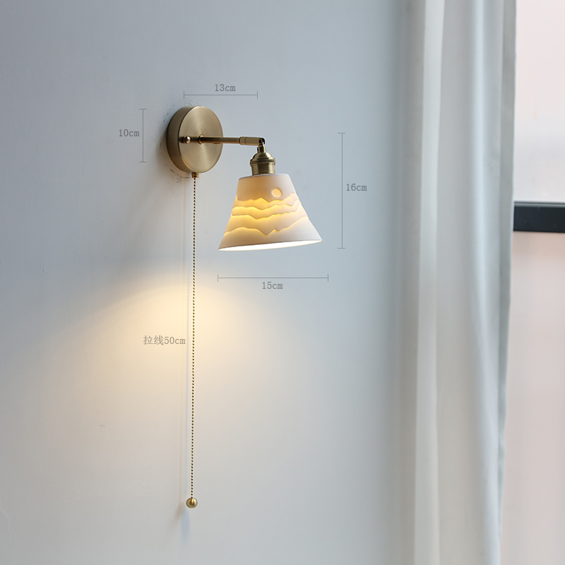 Ceramic Copper Arm Wall Lamp, Beside Pull Chain Switch for Bedroom Bathroom Stair, Japan Style Nordic Modern Wandlamp