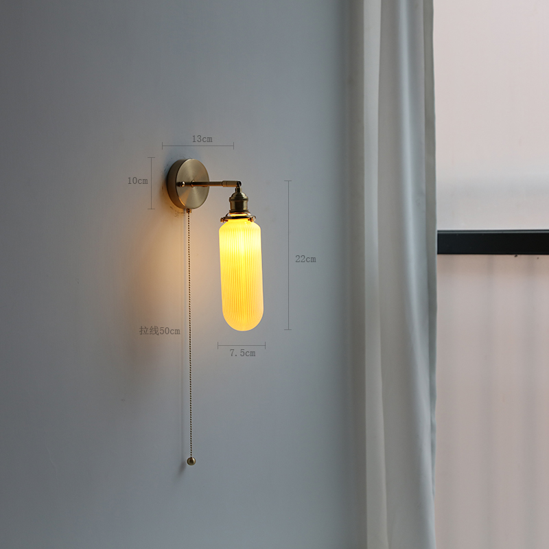 Ceramic Copper Arm Wall Lamp, Beside Pull Chain Switch for Bedroom Bathroom Stair, Japan Style Nordic Modern Wandlamp