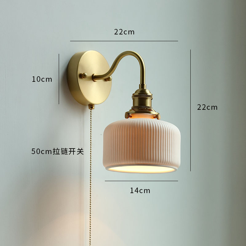 Ceramic Copper Arm Wall Lamp, Beside Pull Chain Switch for Bedroom Bathroom Stair, Japan Style Nordic Modern Wandlamp