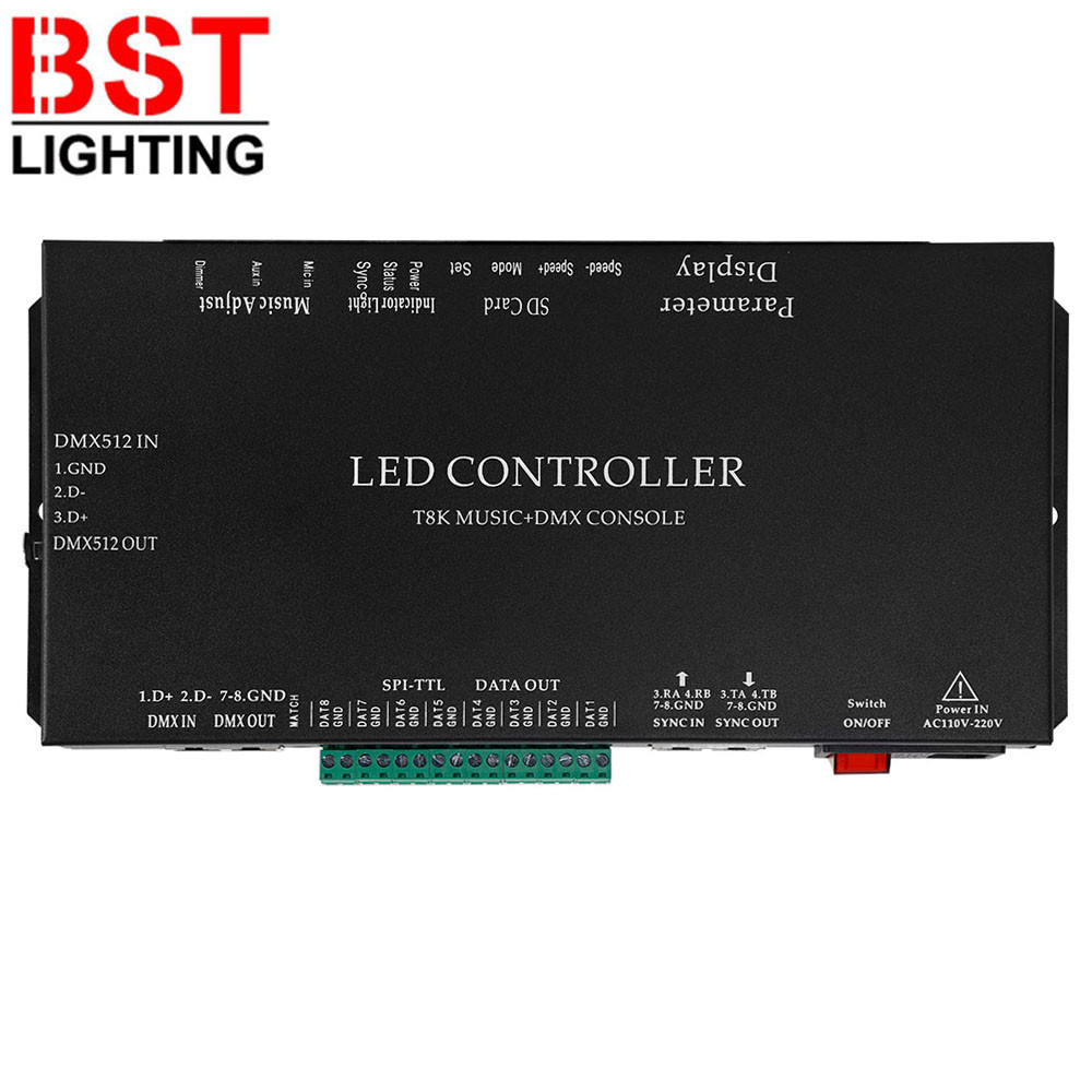 SPI-TTL Led Strip Light Controller T8K Music, 8Channels DMX Console With Mic in Aux in