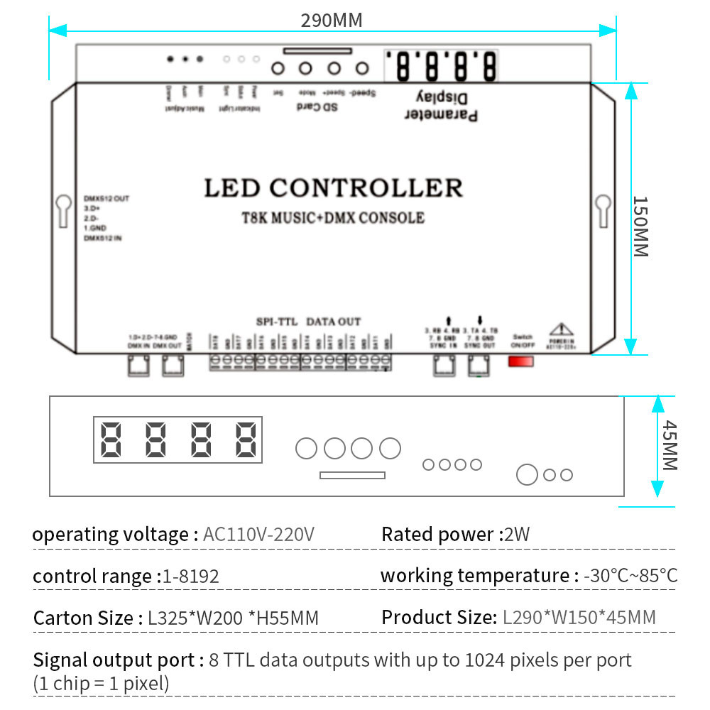 SPI-TTL Led Strip Light Controller T8K Music, 8Channels DMX Console With Mic in Aux in
