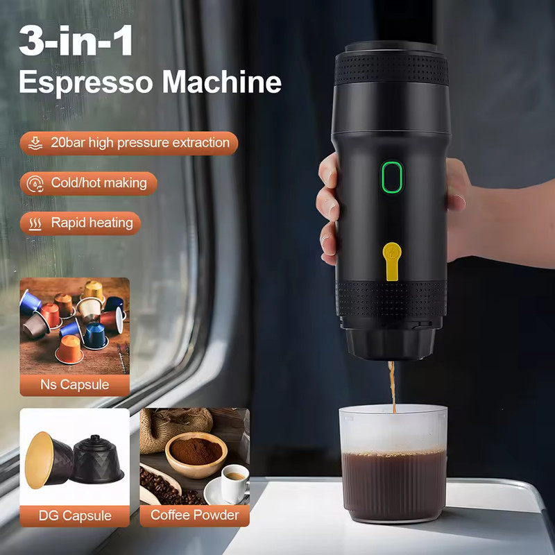 Electric Portable Coffee Machine, 3-in-1 Italian Espresso Maker for Car, Home Travel, Compatible with Capsules Ground