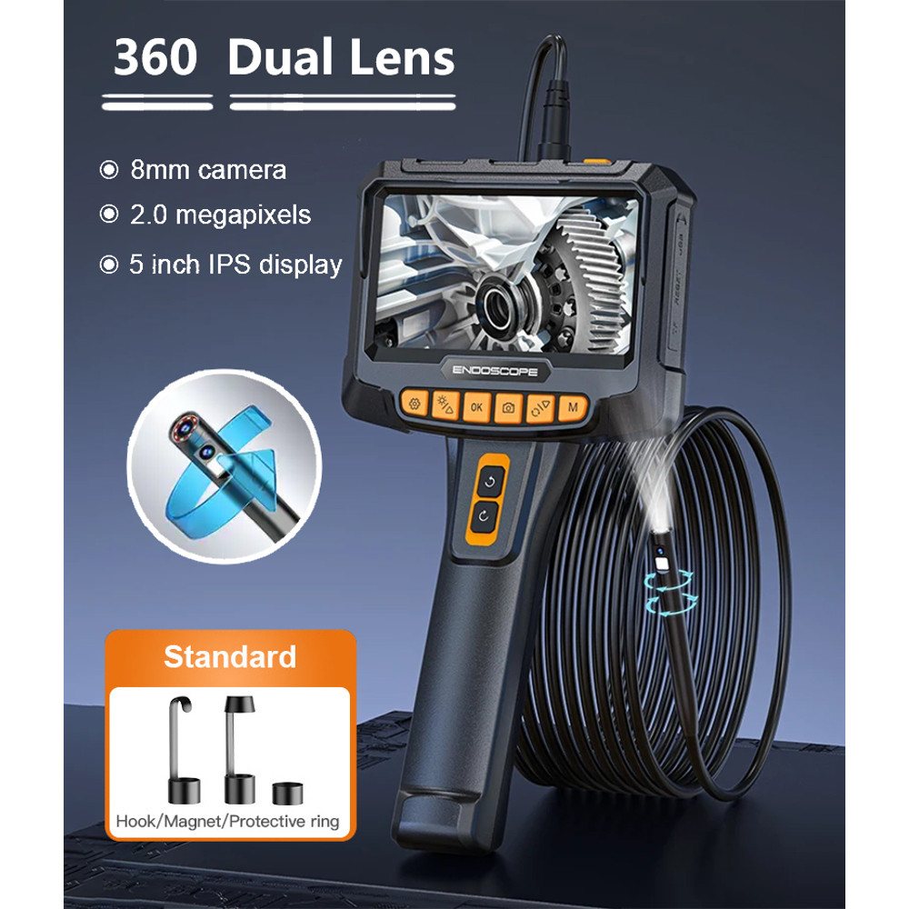 8mm 5in 360 1080P Dual Lens Endoscope Camera, Industrial Rotary Inspection Tool for Piping, Automotive, HVAC