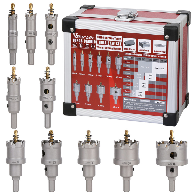 Vearter 10Pcs Carbide Tipped Hole Saw Set,Metal Drill Bit Kit for Stainless Steel, Aluminum, Alloy, Iron, Copper