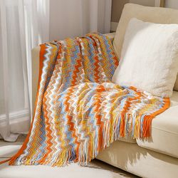 bohemian blanket sofa cover, plaid boho decorative blanket, geometric knitted slipcover for couch bed chair