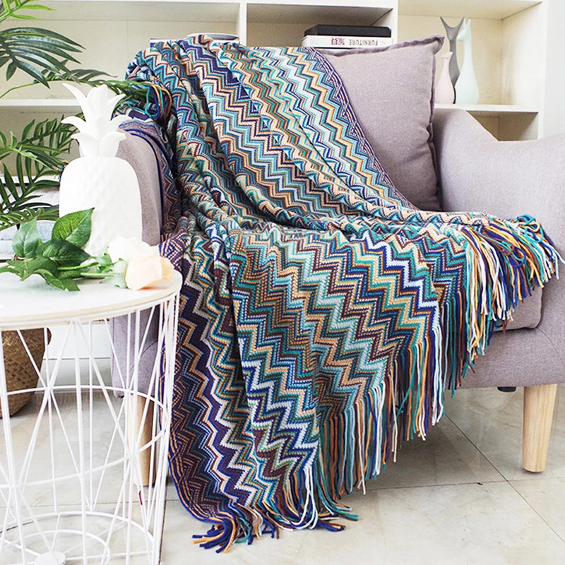Bohemian Blanket Sofa Cover, Plaid Boho Decorative Blanket, Geometric Knitted Slipcover for Couch Bed Chair