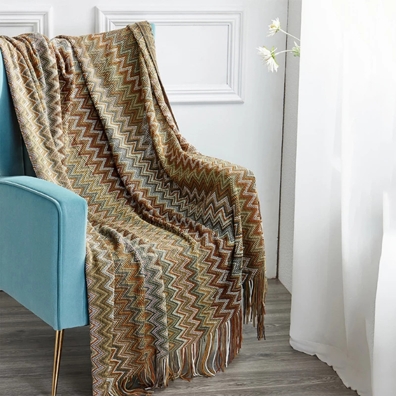 Bohemian Blanket Sofa Cover, Plaid Boho Decorative Blanket, Geometric Knitted Slipcover for Couch Bed Chair