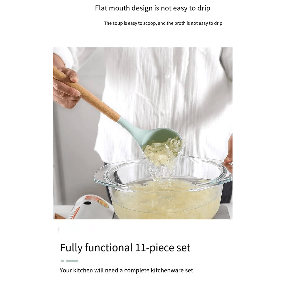 NonStick Silicone Cooking Utensils Set Wooden Handle Spatula Spoon HeatResistant Kitchen Tools Mul 5