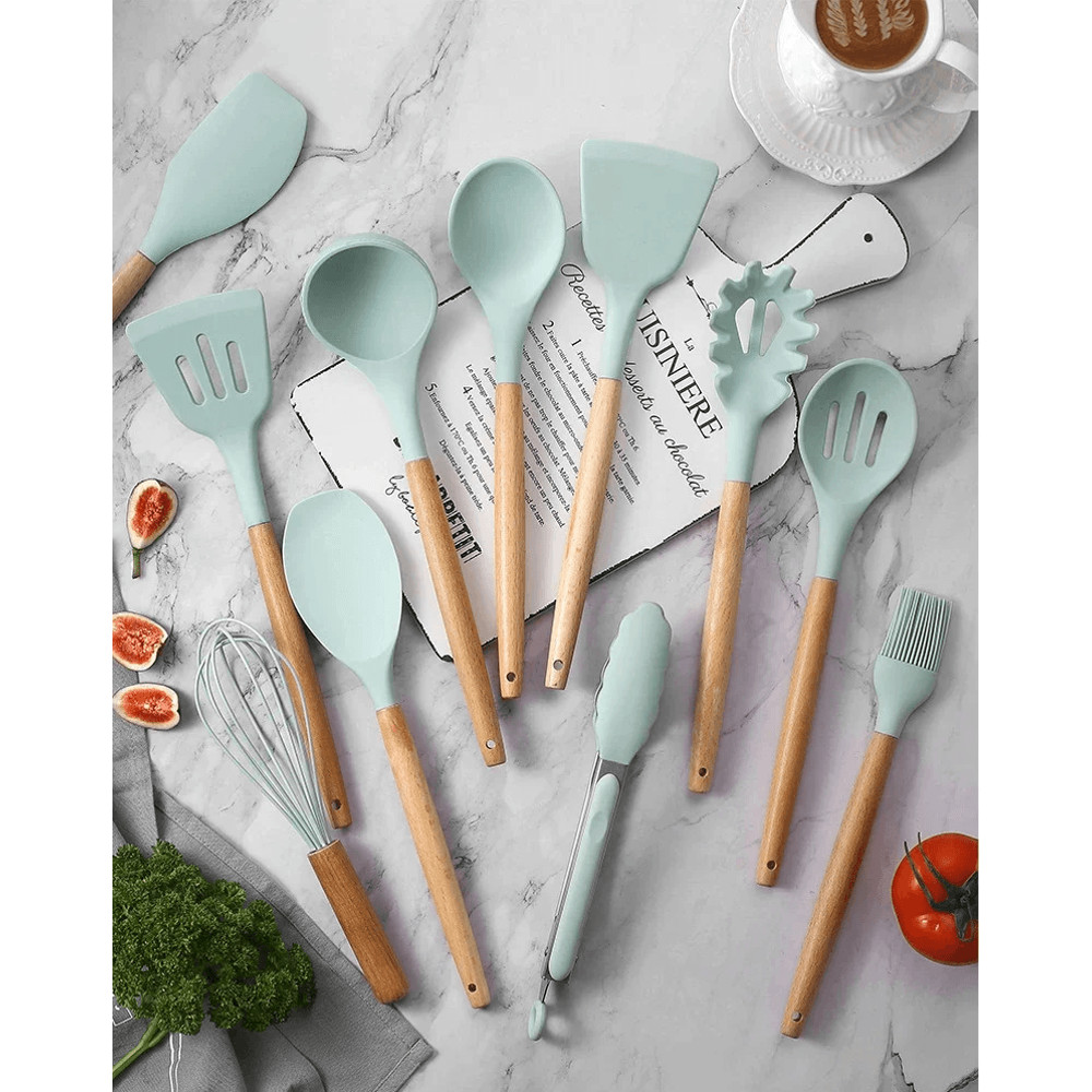 NonStick Silicone Cooking Utensils Set Wooden Handle Spatula Spoon HeatResistant Kitchen Tools Mul 4