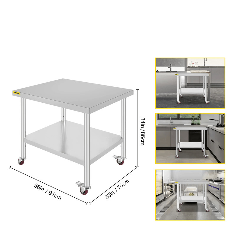 Stainless Steel Work Bench Table HeavyDuty Kitchen Worktable With Wheels For Commercial Home Use 16