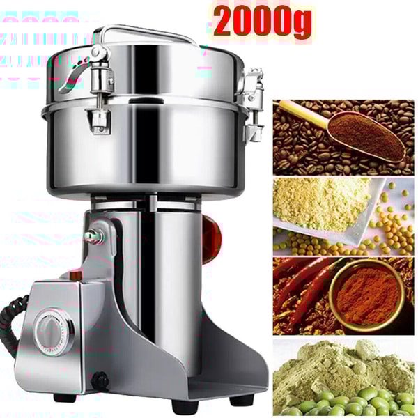 High-Speed 2000G Stainless Steel Electric Grain Mill Grinder, Powder Machine for Coffee, Herbs, Spices & Cereals