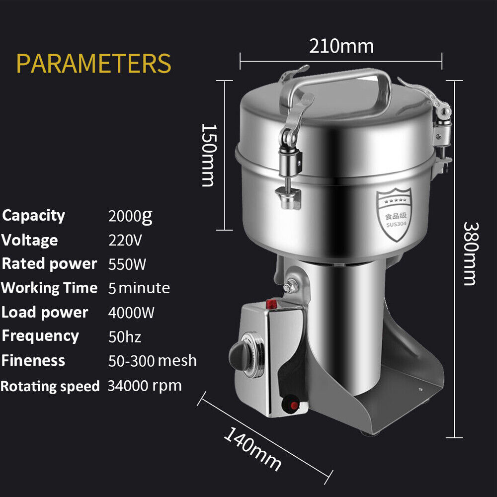 High-Speed 2000G Stainless Steel Electric Grain Mill Grinder, Powder Machine for Coffee, Herbs, Spices & Cereals