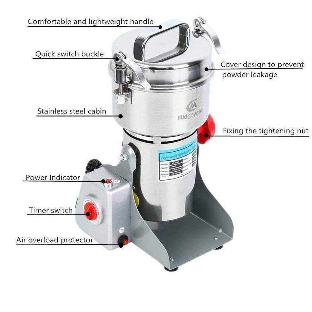 High-Speed 2000G Stainless Steel Electric Grain Mill Grinder, Powder Machine for Coffee, Herbs, Spices & Cereals