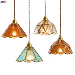 iwhd japanese style vintage pendant lamp, slag glass & polished copper led hanglamp for bedroom, bar, cafe