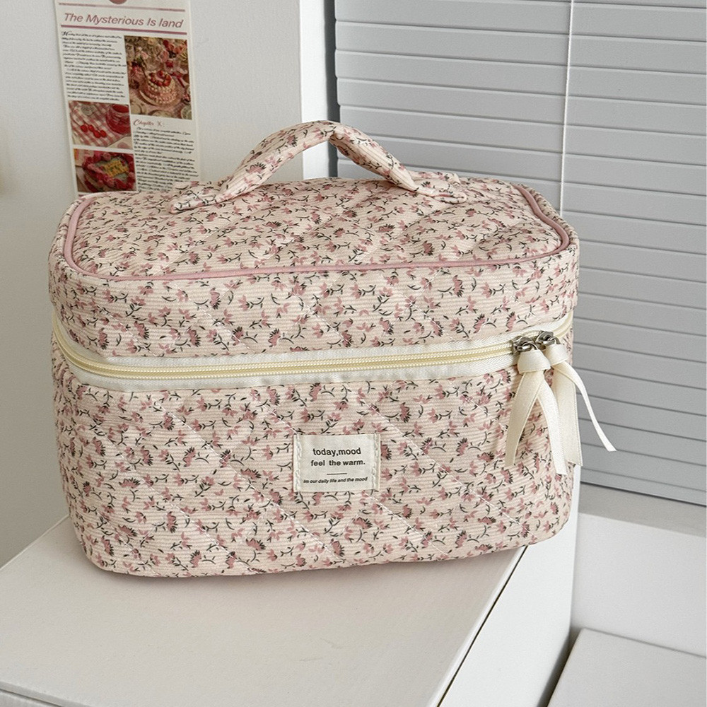 Vintage Floral Print Cosmetic Pouch Handbag, Large Capacity Makeup Storage Bag, Travel Organizer