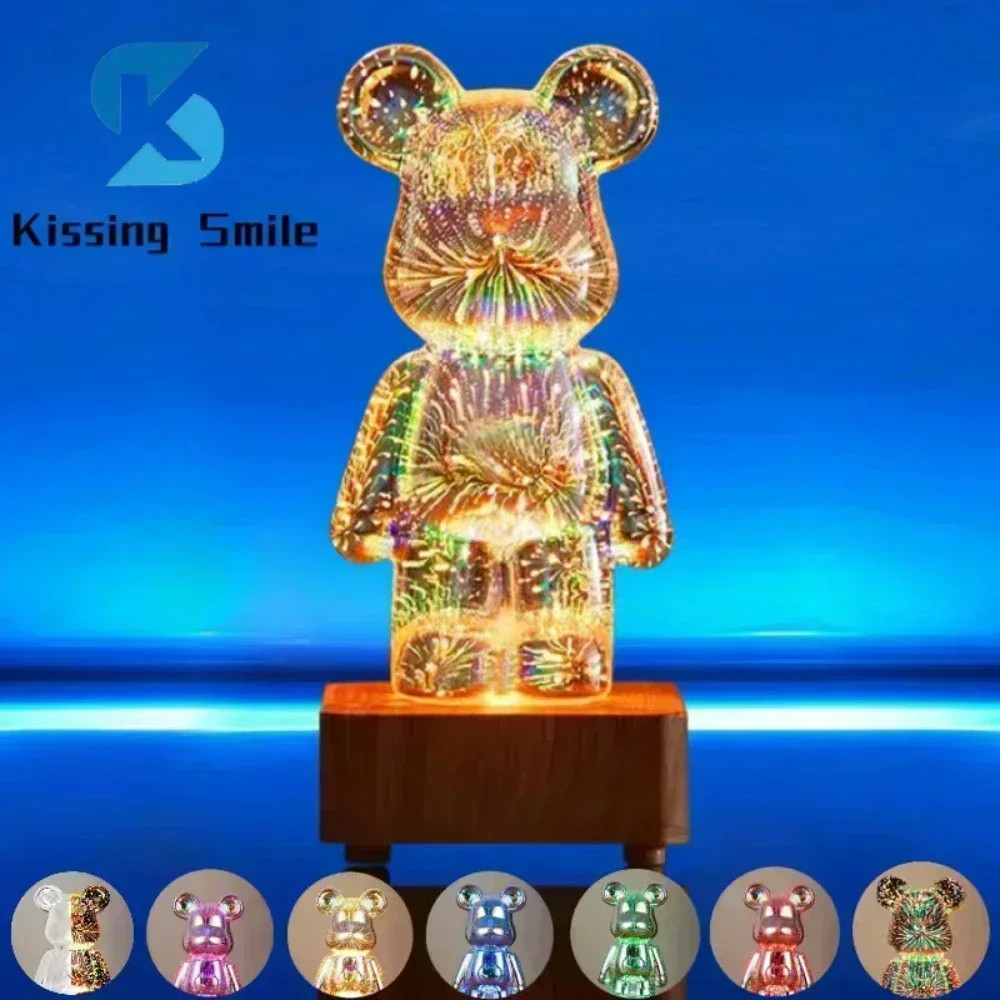 LED 3D Bear Firework Night Light, USB Color Changeable Ambient Lamp with 7 Colors, 3 Light Modes for Kids Room, Bedroom