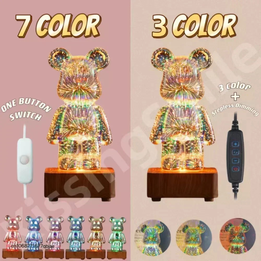 LED 3D Bear Firework Night Light, USB Color Changeable Ambient Lamp with 7 Colors, 3 Light Modes for Kids Room, Bedroom