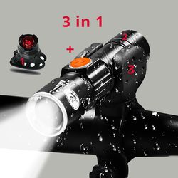 zk30 3-in-1 8000 lumen super bright bike light set, usb rechargeable led zoom headlight, waterproof rear light for mtb