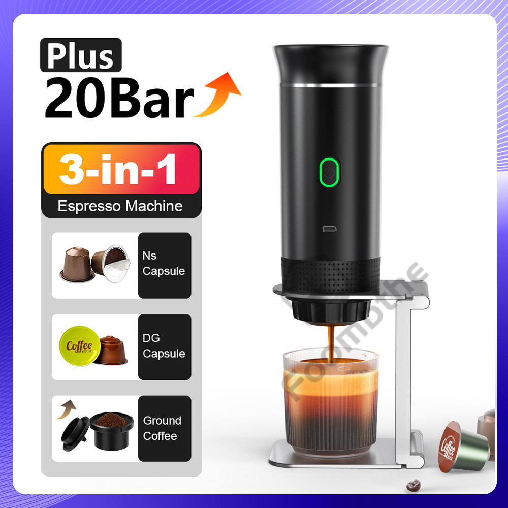 Wireless Electric Portable Espresso Machine, 20Bar 3-in-1 Coffee Maker for Nespresso Capsules, Ground Coffee, Travel