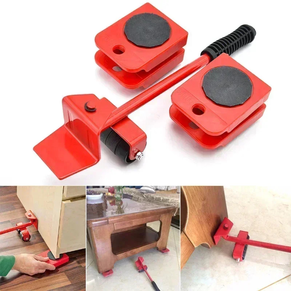 5Pcs/set Professional Furniture Mover Tool Set, Heavy Duty Moving Roller with Lifting Bar, Wheels for Effortless