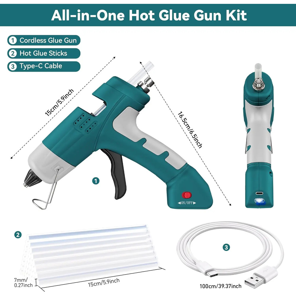Cordless Hot Melt Glue Gun 20W with Type-C Charging, Portable Fast Heating Glue Gun and Stick Kit, Glue Sticks Included