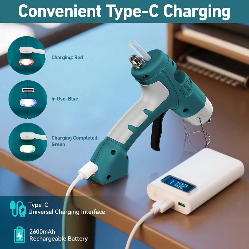 Cordless Hot Melt Glue Gun 20W with Type-C Charging, Portable Fast Heating Glue Gun and Stick Kit, Glue Sticks Included