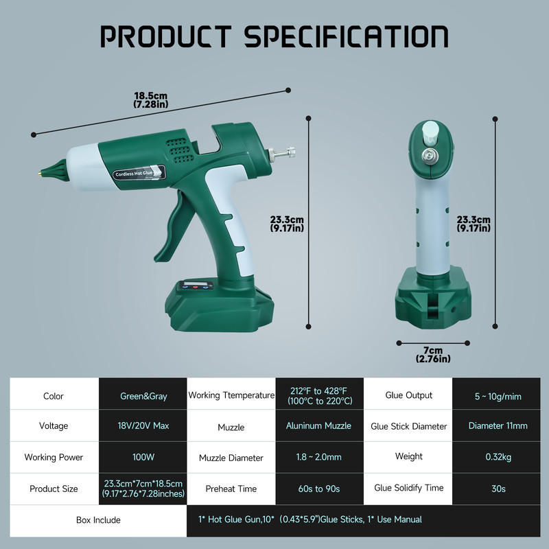 Cordless 100W Hot Glue Gun, Adjustable Temperature with 11mm Glue Sticks, For Bosch 18V Battery
