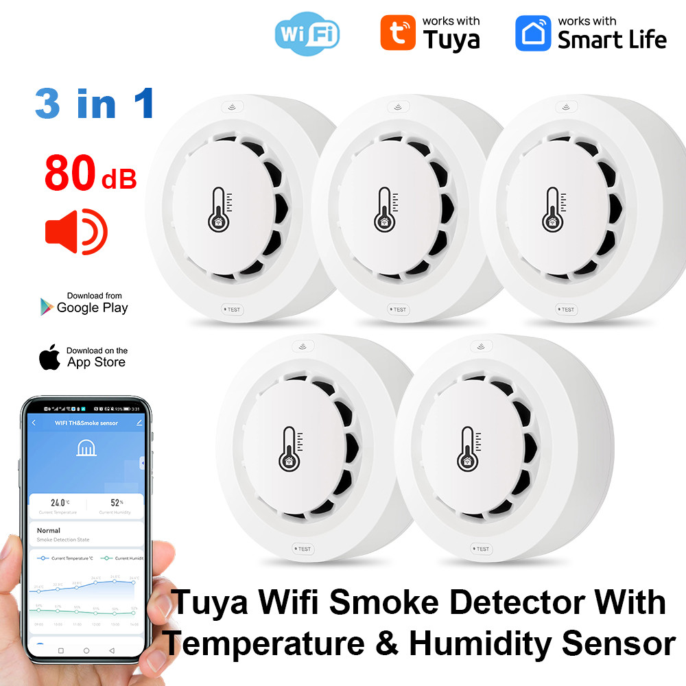 Smart Tuya Wifi BT Smoke Detector With Temperature Humidity Sensor Loud Alarm Remote Push Alert Fir 6
