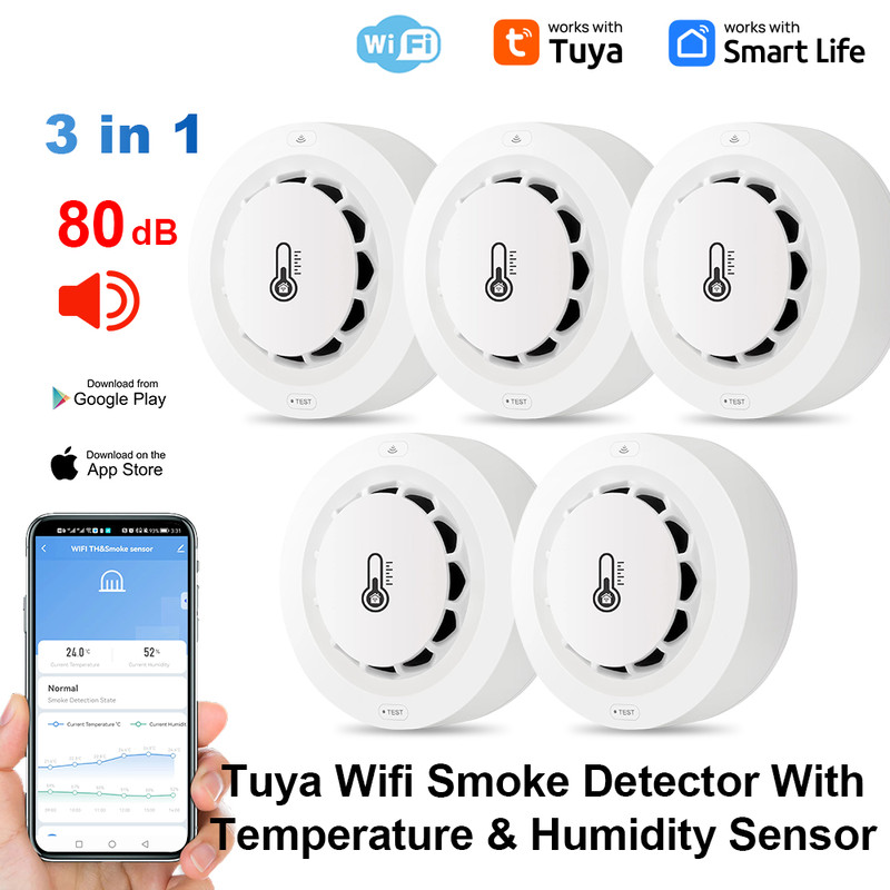 Smart Tuya Wifi BT Smoke Detector With Temperature Humidity Sensor Loud Alarm Remote Push Alert Fir 6