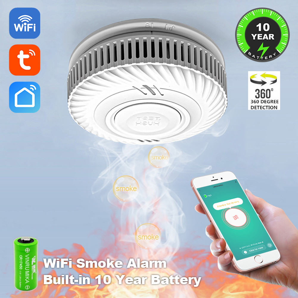 Smart WiFi Smoke Detector Tuya App Control with Lithium Battery, Fire Alarm Sensor for Kitchen Shop Parlor Room