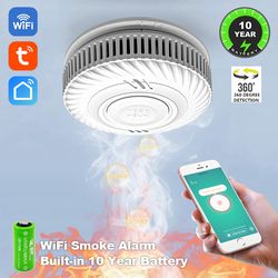 smart wifi smoke detector tuya app control with lithium battery, fire alarm sensor for kitchen shop parlor room