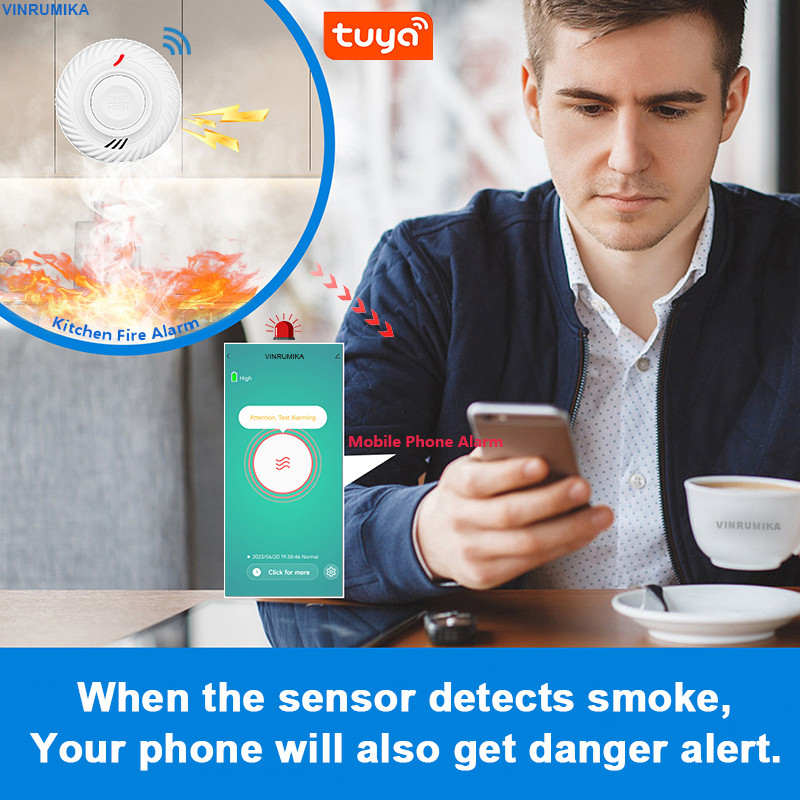Smart WiFi Smoke Detector Tuya App Control with Lithium Battery, Fire Alarm Sensor for Kitchen Shop Parlor Room