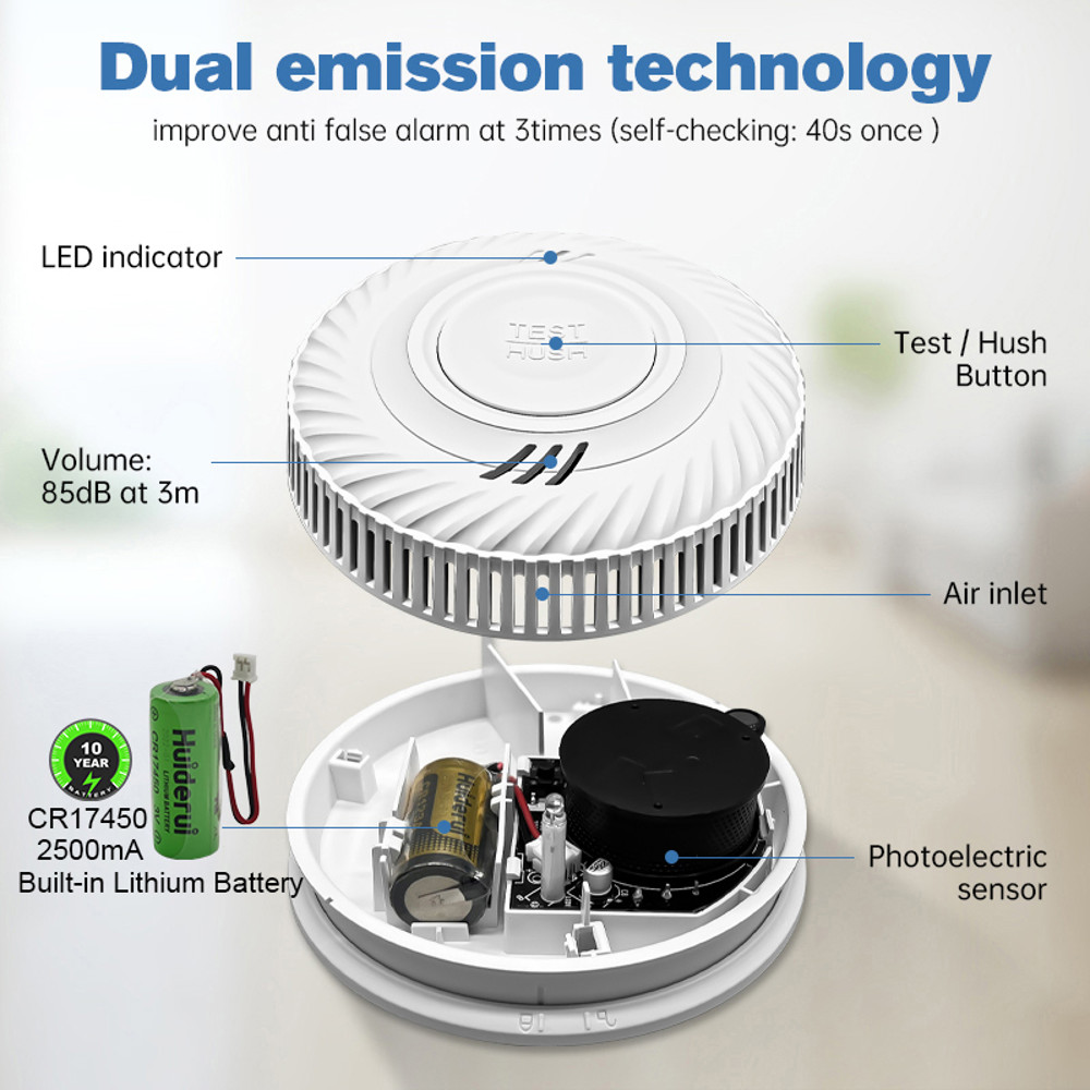 Smart WiFi Smoke Detector Tuya App Control with Lithium Battery, Fire Alarm Sensor for Kitchen Shop Parlor Room