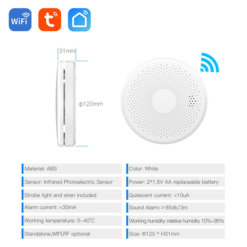 WiFi Tuya Smart Smoke and CO Detector 2 in 1 Version, Carbon Monoxide Alarm for Kitchen, Parlor, Shop Fire Safety Sensor