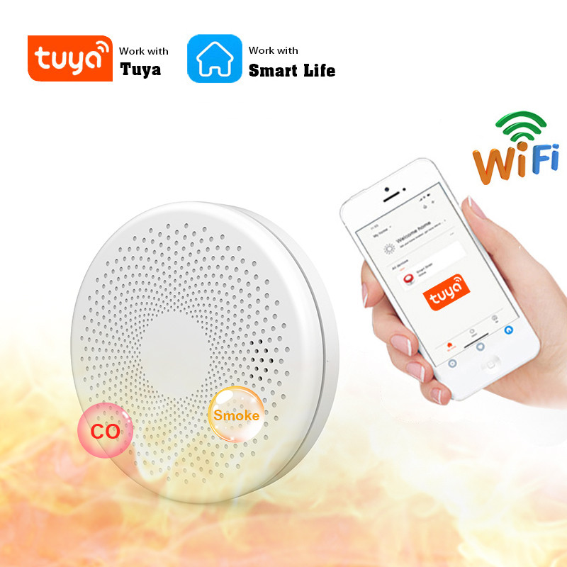 WiFi Tuya Smart Smoke and CO Detector 2 in 1 Version, Carbon Monoxide Alarm for Kitchen, Parlor, Shop Fire Safety Sensor