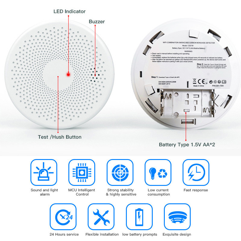 WiFi Tuya Smart Smoke and CO Detector 2 in 1 Version, Carbon Monoxide Alarm for Kitchen, Parlor, Shop Fire Safety Sensor
