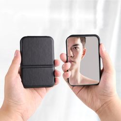 small solid color makeup mirror, mini folding portable mirror for women men, high quality pu leather pocket glass