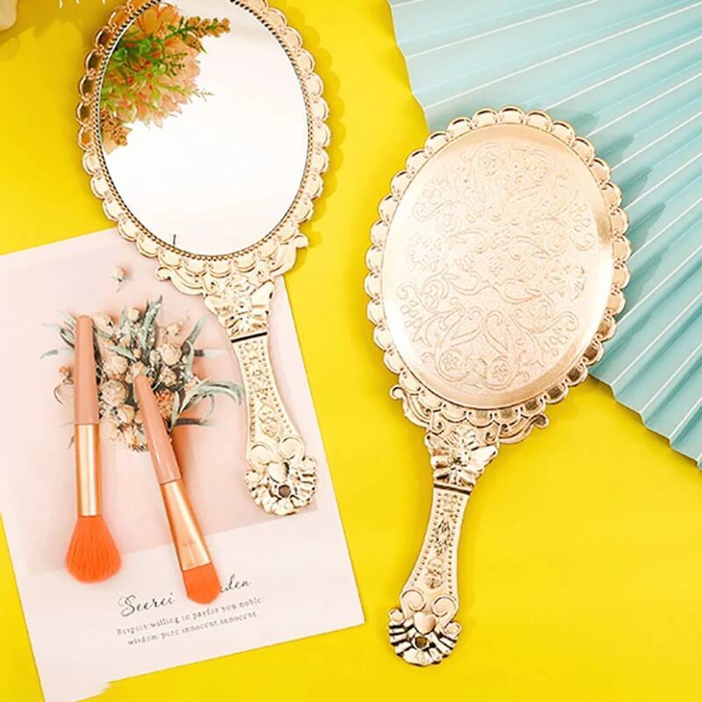 Retro Hand Mirror Rose Gold Portable, Vintage Makeup Oval Round Noble Beauty Tool, Travel Cosmetic Handheld Mirror