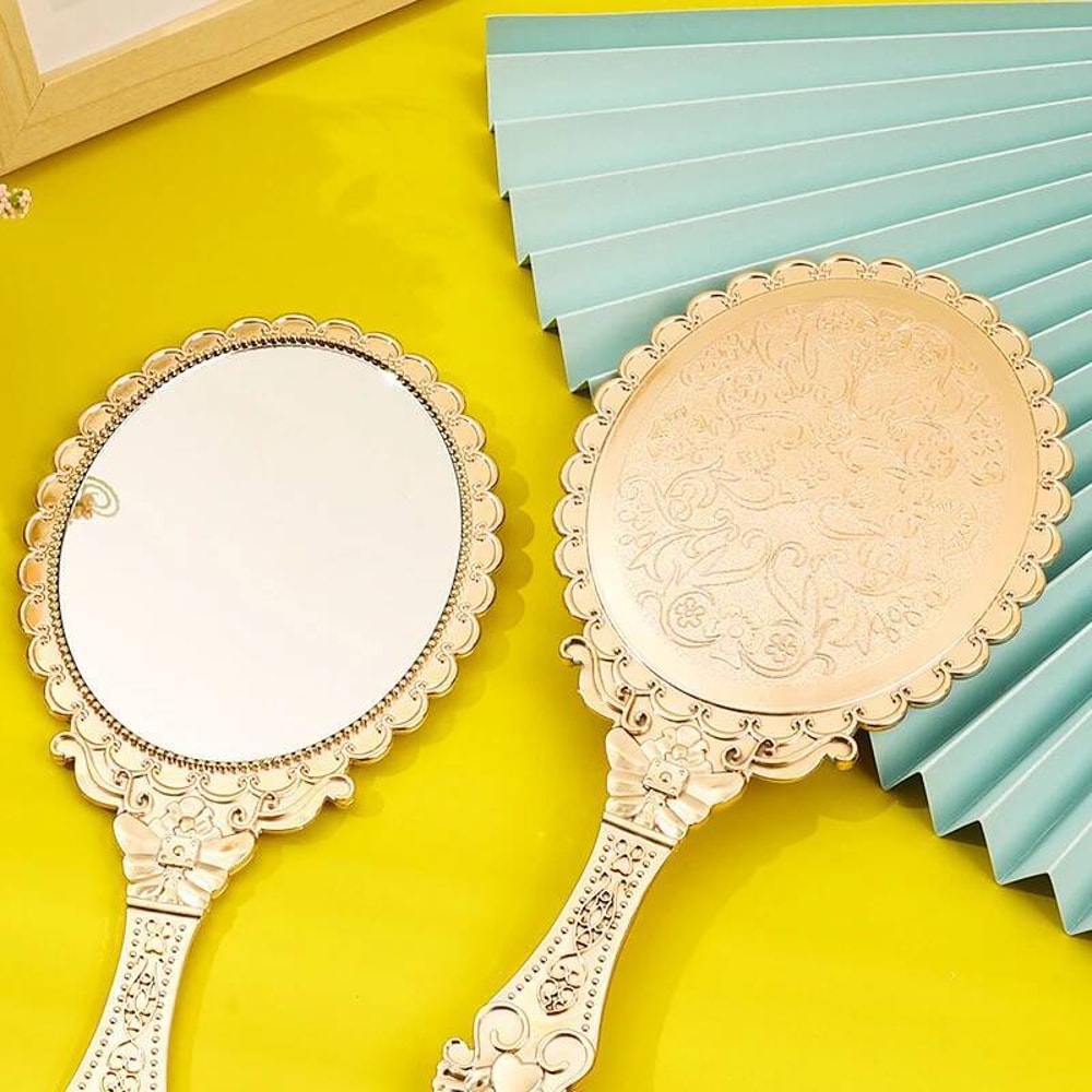 Retro Hand Mirror Rose Gold Portable, Vintage Makeup Oval Round Noble Beauty Tool, Travel Cosmetic Handheld Mirror