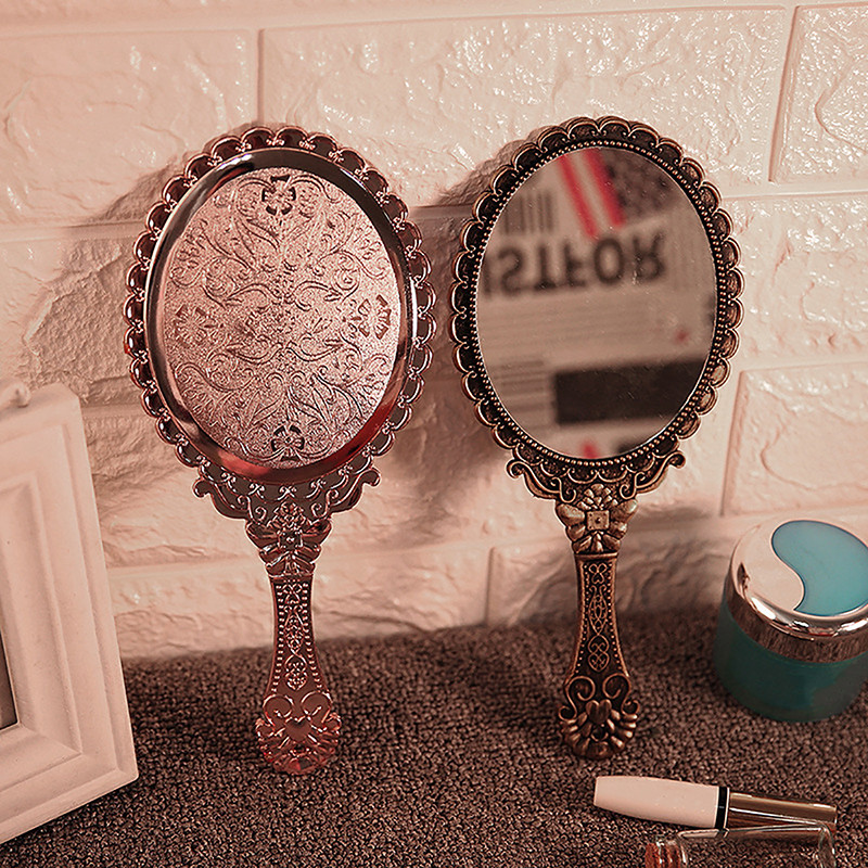 Hand Held Vintage Lace Makeup Mirror Portable Oval Round Mirror Noble Retro Court Style Beauty Tool 3