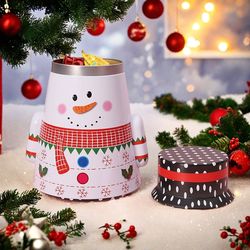 round christmas tin containers with gift ribbon, large medium small xmas metal nesting containers, christmas cookie tins