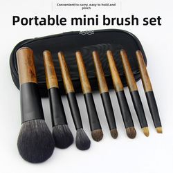 mini travel makeup brush set with pouch, portable wooden handle cosmetic brushes for powder, blush highlighter eyeshadow